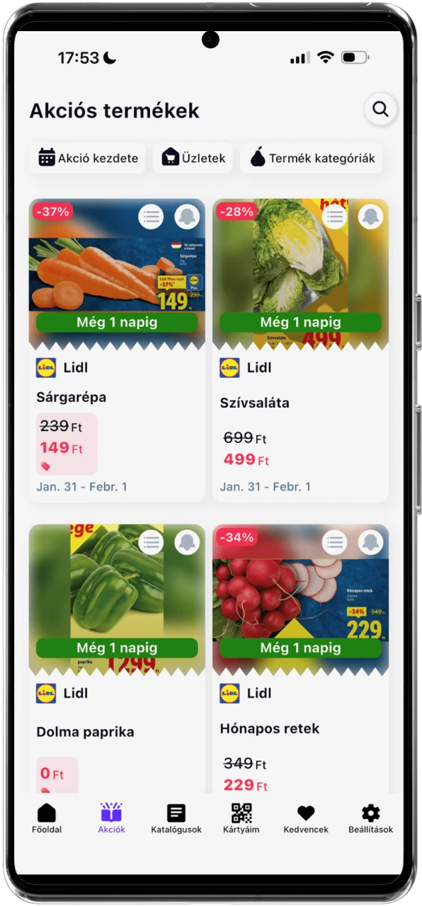 Akcióvadász App akciók listája